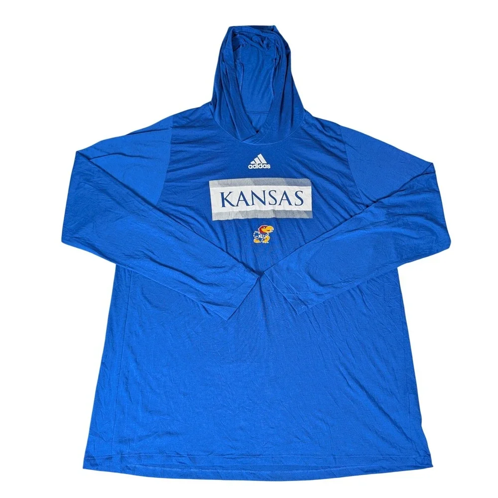 Adidas Kansas Jayhawks Aeroready Royal Blue Long Sleeve Hooded T-Shirt Mens